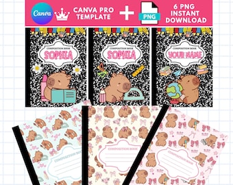 Personalized Composition Notebook Cover, Canva Templates, Notebook cover template, Capybara Back to School Composition Book Cover, Bundle