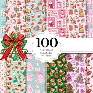 Puede incluir: Una colección de 100 patrones navideños sin costuras. Los patrones presentan elementos festivos como Papá Noel, osos de peluche, árboles de Navidad y cajas de regalo. La paleta de colores incluye rosa, verde y rojo.