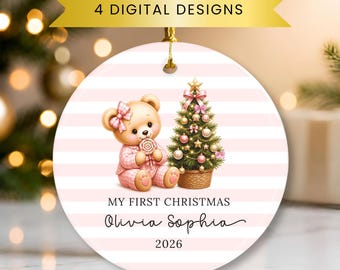 Baby's First Christmas Ornament, 4 Baby Girl Teddy Bear Designs, Bear ornaments, Personalized Baby Girl, Newborn Gift, Custom baby gifts