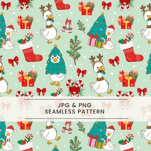 Puede incluir: Patrón navideño sin costuras con gansos de dibujos animados con cuernos de reno, árboles de Navidad, cajas de regalo, lazos rojos y bastones de caramelo sobre un fondo verde claro. Se muestra el texto "JPG & PNG SEAMLESS PATTERN".