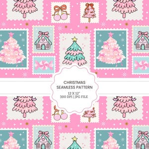 Peut inclure: Motif de Noël rose sans couture avec des illustrations d'arbres de Noël, de boules et de maisons dans des cadres de timbres-poste. Le motif est sur fond rose, avec le texte "Christmas Seamless Pattern".