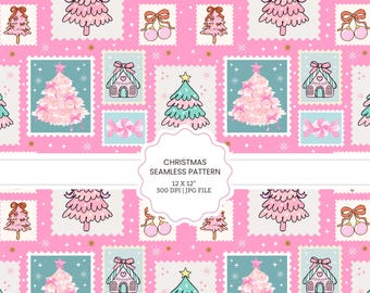 Preppy Pink Christmas Seamless Pattern, Pink Trees Christmas, Christmas frames, Preppy stamp, Digital paper, Christmas Coquette bow