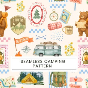 Puede incluir: Un patrón de camping sin costuras con ilustraciones de acuarela de un oso con mochila, una furgoneta camper vintage, una brújula, una linterna y una tienda de campaña. El diseño incluye el texto "SEAMLESS CAMPING PATTERN".