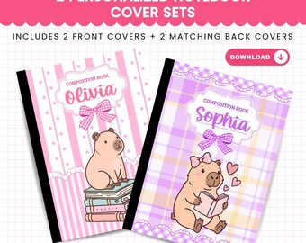 Notizbuchumschlag mit Capybara-Motiv, personalisierte Notizbücher, Schulanfang, individuelle Schulartikel, Kawaii-Tier, verspielt-mädchenhaft, bedruckbare Umschläge