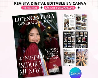 Custom magazine template for high school students, graduation keepsake, editable Canva template, Spanish version
