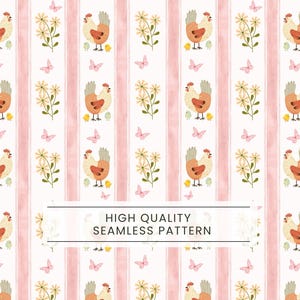 Puede incluir: Patrón repetitivo con gallinas marrones, flores amarillas y mariposas rosas sobre un fondo blanco con rayas verticales rosas. Se muestra el texto "HIGH QUALITY SEAMLESS PATTERN".