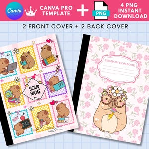 Könnte beinhalten: Zwei Notizbücher mit illustrierten Einbänden. Eines zeigt ein Raster von Cartoon-Wasserschweinen mit Schulmaterial, das andere hat ein Blumenmuster und ein Wasserschwein mit Brille. Der Text enthält "YOUR NAME" und "COMPOSITION BOOK".