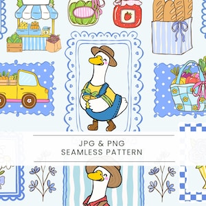 Puede incluir: Un patrón sin costuras con ilustraciones de dibujos animados de un ganso con peto, un camión amarillo, un mercado de agricultores, tarros de conservas, una cesta de verduras y hogazas de pan. El fondo es azul claro con lunares blancos y marcos decorativos.