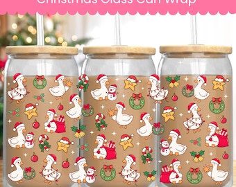 Christmas Goose Glass Can Wrap, Kawaii Silly Goose, Ice coffee cup, Funny Christmas Geese Sublimation, Giftful christmas, Cute goose wrap