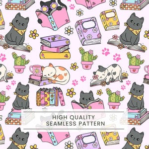 Puede incluir: Patrón sin costuras con gatos de dibujos animados, libros, cactus y flores sobre un fondo rosa claro. El diseño incluye pilas de libros, gatos leyendo y el texto "HIGH QUALITY SEAMLESS PATTERN".