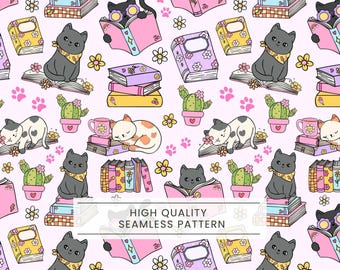 Cat Book Lover Seamless Pattern, Sleeping cat, Books seamless, Cozy reader design, Book Lover Design, Bookish Seamless, Cat reading book