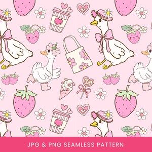 Puede incluir: Un patrón sin costuras rosa con gansos de dibujos animados, fresas, tazas de café, bolsos de mano, conos de helado y piruletas en forma de corazón. Los gansos llevan sombreros y lazos. El texto "JPG & PNG SEAMLESS PATTERN" está en la parte inferior.