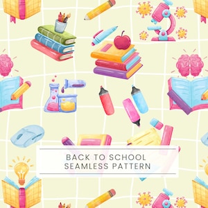 May include: Watercolor seamless pattern featuring school supplies like books, pencils, and a microscope. The design includes an open book, a brain, and the text "BACK TO SCHOOL SEAMLESS PATTERN" on a light yellow grid background.