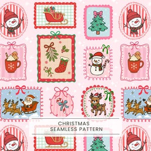 Puede incluir: Un patrón continuo sobre un fondo rosa claro con ilustraciones navideñas repetidas en marcos decorativos, incluyendo muñecos de nieve, Santa Claus en un trineo, renos, árboles de Navidad, tazas con pan de jengibre y calcetines.