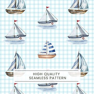 Watercolor Sailboat Seamless Pattern, Coastal Summer Nautical Digital Paper, Blue Gingham, Preppy Beach, Nursery decor, Kids fabric pattern