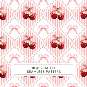 Puede incluir: Patrón sin costuras con cerezas rojas con lazos de cuadros, sobre un fondo blanco con rayas verticales rosas y motivos de lazos decorativos. El texto "HIGH QUALITY SEAMLESS PATTERN" se muestra en la parte inferior.