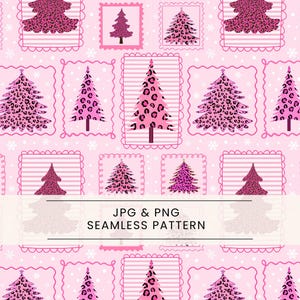 Puede incluir: Patrón rosa sin costuras con árboles de Navidad, algunos con estampado de leopardo, otros rosa liso. Los árboles están enmarcados en rectángulos rosas con detalles de copos de nieve. Texto: "JPG & PNG SEAMLESS PATTERN".
