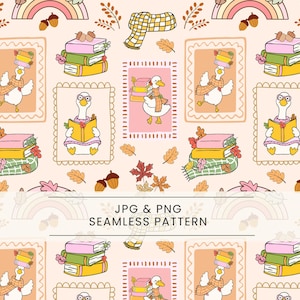 Puede incluir: Patrón repetitivo sin costuras con un diseño de un ganso con una bufanda y leyendo un libro, pilas de libros, hojas de otoño, bellotas y arcoíris. El patrón está en tonos de rosa, amarillo, naranja y marrón.