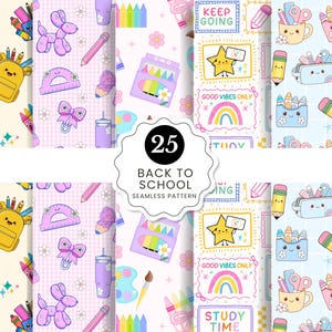 Puede incluir: Una colección de 25 patrones digitales sin costuras con útiles escolares lindos como mochilas, lápices, crayones y reglas con caras kawaii. Los diseños incluyen colores pastel, arcoíris, estrellas y textos como KEEP GOING y GOOD VIBES ONLY.