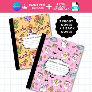 May include: Two composition notebooks with black spines. One has a yellow cover with cacti, cowboy hats, and the word "Howdy." The other has a pink cover with ghosts reading books. Both have a white label that says "Composition Book."