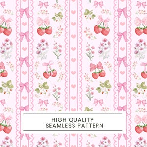 Puede incluir: Un patrón sin costuras con ilustraciones de acuarela de fresas con lazos rosas, flores y corazones sobre un fondo rosa claro. El diseño incluye rayas verticales con bordes festoneados y el texto "HIGH QUALITY SEAMLESS PATTERN".