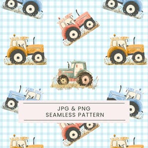 Puede incluir: Patrón sin costuras con ilustraciones de acuarela de tractores en varios colores, incluyendo naranja, rojo, azul y verde. Los tractores están sobre un fondo de cuadros vichy azul claro. Se muestra el texto "JPG & PNG SEAMLESS PATTERN".