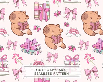 Nahtloses Capybara-Muster, Kawaii-Tiere, Capybara-Liebhaberin, Bücherwurm, Bücherliebhaberin, Literarisches Mädchen, Tiere beim Lesen, Leserclub, Kokette