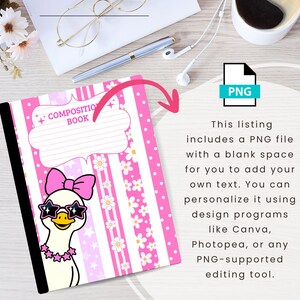 May include: A digital composition book cover design featuring a white duck wearing a pink bow and star-shaped sunglasses, set against a background of pink and white stripes, stars, and daisies with a blank label reading COMPOSITION BOOK.