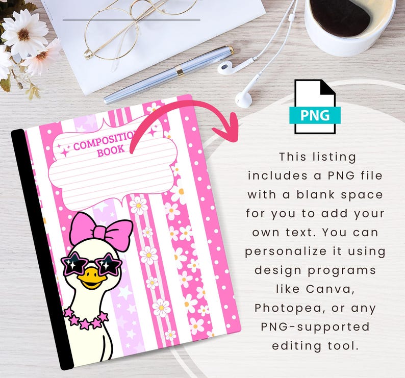 May include: A digital composition book cover design featuring a white duck wearing a pink bow and star-shaped sunglasses, set against a background of pink and white stripes, stars, and daisies with a blank label reading COMPOSITION BOOK.