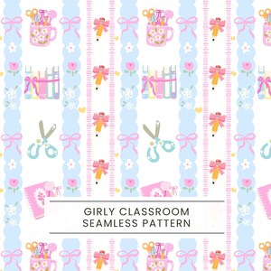May include: A seamless pattern featuring classroom-themed illustrations. The design includes pencils, scissors, mugs with flowers, books, and notebooks, all in a pastel color palette of pink, blue, and white. The text "GIRLY CLASSROOM SEAMLESS PATTERN" is at the bottom.