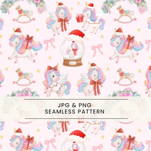 Puede incluir: Patrón sin costuras con ilustraciones en acuarela de unicornios con melenas y alas arcoíris, con gorros de Papá Noel y regalos. Incluye bolas de nieve, caballos balancín, lazos y estrellas sobre fondo rosa. También está presente el texto "JPG & PNG SEAMLESS PATTERN".