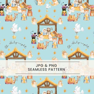 May include: Seamless pattern with a light blue background featuring watercolor illustrations of a nativity scene, angels, doves, and stars. The text "Oh Holy night" is also included. The pattern is labeled "JPG & PNG SEAMLESS PATTERN".