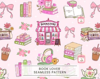 Book Lover Seamless Pattern, Coquette Bookish Digital Paper, Booktok decor, Cute Reading Design, Library pattern, Coffee girly, Books art
