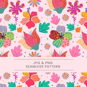 Puede incluir: Un patrón sin costuras con motivos florales y de hojas coloridos en rosa, verde, naranja y amarillo. El patrón incluye grandes flores tipo hibisco y varias formas de hojas. Se muestra el texto "JPG & PNG SEAMLESS PATTERN".