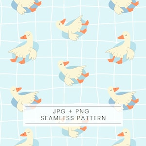 Puede incluir: Patrón sin costuras con dibujos de gansos con cuerpos color crema, picos y patas naranjas y detalles azules. El fondo es una cuadrícula azul claro. Se muestra el texto "JPG + PNG SEAMLESS PATTERN".
