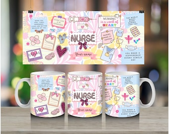 May include: Three white ceramic mugs with a colorful design featuring medical-themed illustrations and the word "NURSE". The design includes a syringe, heart monitor, and text that reads "Nursing is a work of heart".