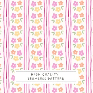 Puede incluir: Un patrón sin costuras con rayas verticales en blanco y rosa, adornado con racimos de flores rosas, naranjas y amarillas. Hojas verdes acentúan los arreglos florales. El texto "HIGH QUALITY SEAMLESS PATTERN" se muestra en un rectángulo blanco.