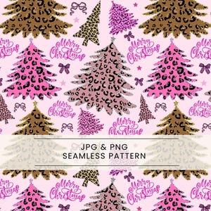Peut inclure: Un motif répétitif sur fond rose avec des sapins de Noël aux imprimés léopard marron et rose. L'inscription "Merry Christmas" est écrite en cursive, avec des nœuds et des étoiles.