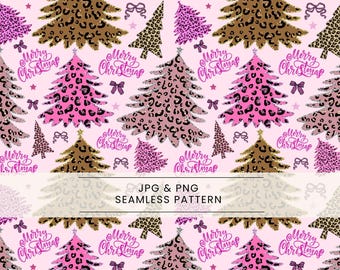 Leopard Print Christmas Trees Seamless Pattern, Pink Glitter Coquette Bows Holiday Digital Paper for Sublimation, Animal print christmas