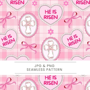 He Is Risen Seamless Pattern, Pink Christian Easter, Floral Cross Religious Background,  Spring seamless,  Gingham Pattern Digital Paper