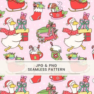 May include: Seamless Christmas pattern featuring a white goose wearing a Santa hat and scarf, carrying gifts. Other elements include mugs, stockings, sleighs, and books, all on a pink background. The text "JPG & PNG SEAMLESS PATTERN" is also included.