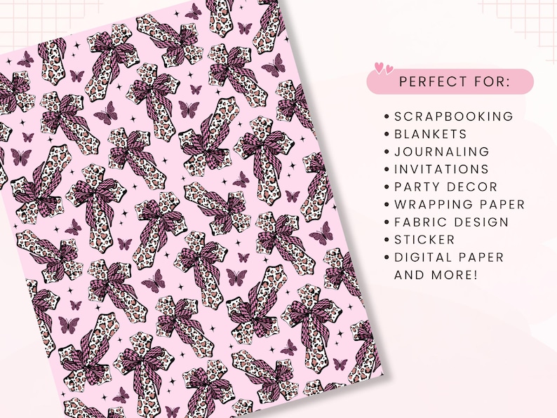 May include: A pink patterned design featuring crosses with leopard print accents and bows, interspersed with purple butterflies. Suitable for scrapbooking, blankets, journaling, invitations, party decor, wrapping paper, fabric design, stickers, and digital paper.