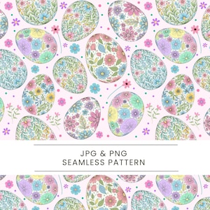 Puede incluir: Un patrón sin costuras con huevos de Pascua adornados con diseños florales coloridos en tonos rosa, azul, amarillo y morado. Los huevos están sobre un fondo rosa claro con pequeños acentos florales. Se muestra el texto "JPG & PNG SEAMLESS PATTERN".