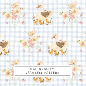 Duck seamless pattern, Seamless Duck and Duckling Gingham, Cottagecore ducks, Nursery fabric pattern, Watercolor floral, Baby Duck Pattern