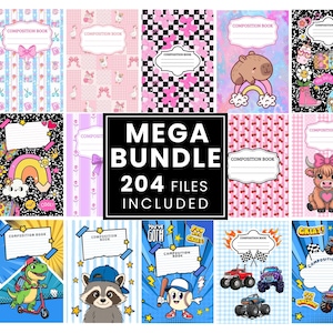 Puede incluir: Una colección digital de 204 portadas para cuadernos con diversos diseños gráficos que incluyen capibaras, dinosaurios, camiones de carreras, arcoíris y patrones florales. Cada portada incluye una etiqueta con el texto COMPOSITION BOOK.