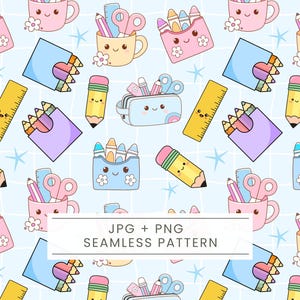 May include: A seamless pattern featuring various school supplies with cute, cartoon-like faces. The design includes pencils, crayons, rulers, scissors, pencil cases, and mugs, all in pastel colors on a light blue grid background. The text "JPG + PNG SEAMLESS PATTERN" is also included.