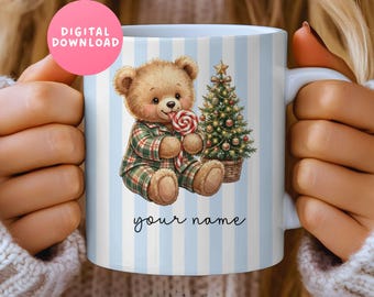 Kids mugs custom, Christmas mug wrap, Personalized Mug, Baby bear gifts, Vintage bear, Digital mug, Sublimation, Xmas mugs, Santa gifts