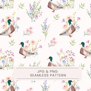 Puede incluir: Patrón sin costuras con ilustraciones de acuarela de patos, flores y follaje en tonos marrón, verde, rosa, morado y amarillo. El texto "JPG & PNG SEAMLESS PATTERN" se muestra en una pancarta rectangular rosa claro.
