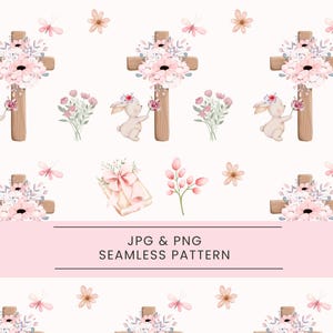 Easter Christian Seamless Pattern, Spring Meadow Cross, Soft Easter Flowers, Pastel Easter Digital Paper for Crafts, Nursery fabric, Bunny