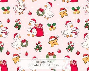 Christmas Seamless Pattern, Santa goose, Kawaii pattern, Kids seamless, Festive goose, Cute backgrounds, Holiday Fabric Print, Digital paper